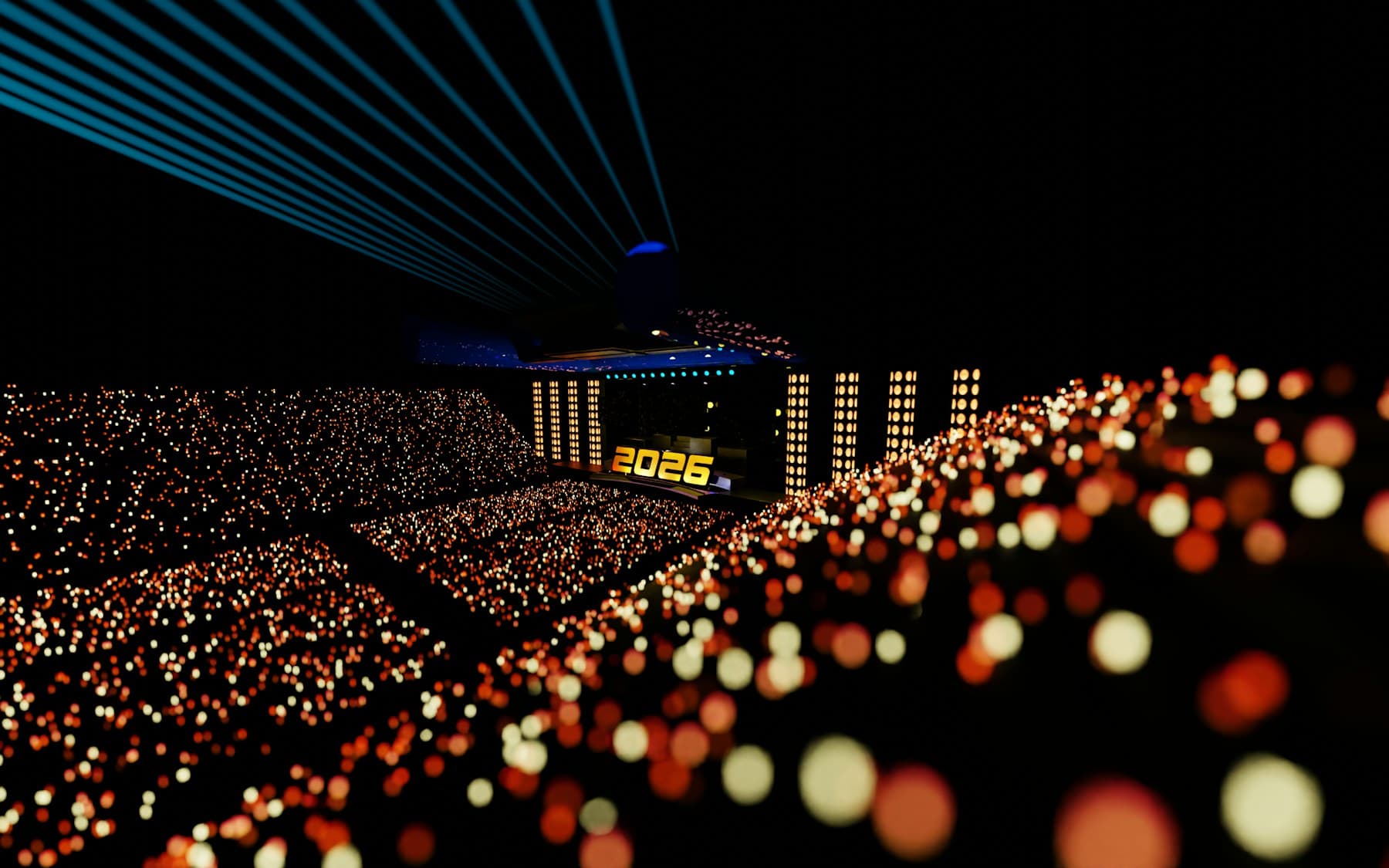 Laser lights cutting across a stage above a crowd