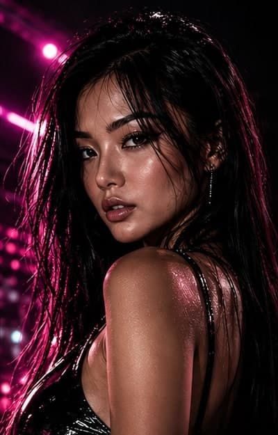 Portrait from the Oxigin event artwork, lit in pink neon