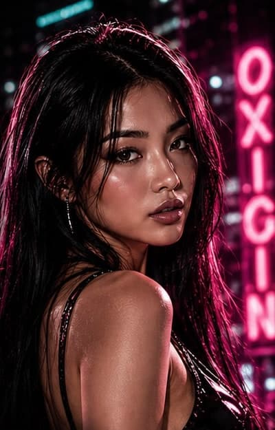 Portrait from the Oxigin event artwork, lit in pink neon