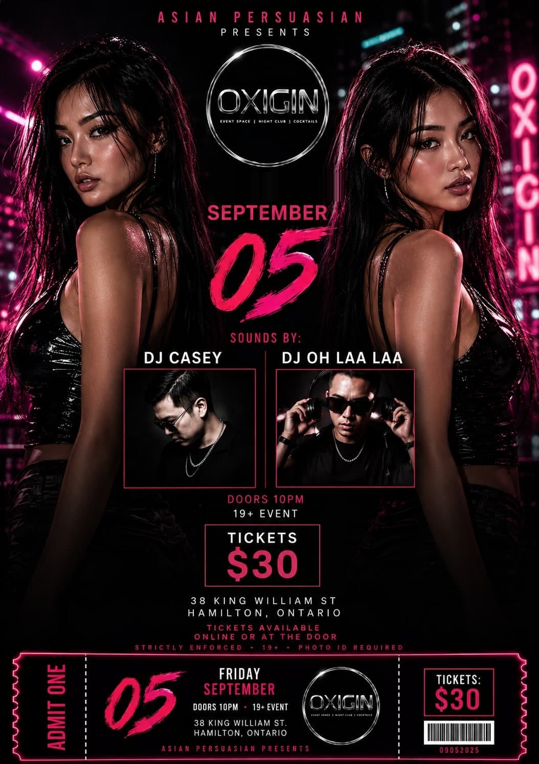 Asian Persuasian presents at Oxigin, September 05 — DJ Casey and DJ Oh Laa Laa, 38 King William St Hamilton, doors 10pm, 19+, tickets $30